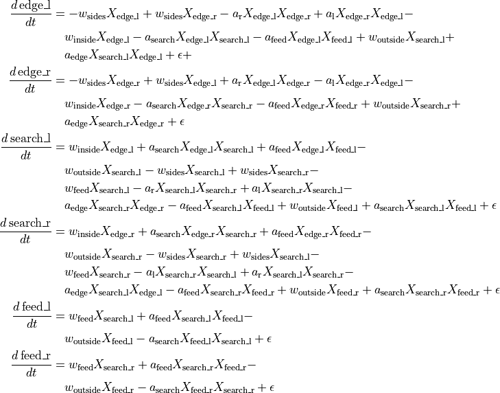 \begin{split}
\frac{{d\,\text{{edge\_l}}}}{{dt}} &= -w_{\text{sides}} X_{\text{edge\_l}}  %1-
+ w_{\text{sides}} X_{\text{edge\_r}} %2+
- a_{\text{r}} X_{\text{edge\_l}} X_{\text{edge\_r}} %3-
+ a_{\text{l}} X_{\text{edge\_r}} X_{\text{edge\_l}} - \\ %4+
& \quad w_{\text{inside}} X_{\text{edge\_l}}  %5-
- a_{\text{search}} X_{\text{edge\_l}} X_{\text{search\_l}} - %7-
a_{\text{feed}} X_{\text{edge\_l}} X_{\text{feed\_l}} + % 9-
w_{\text{outside}} X_{\text{search\_l}} + \\ %11+
& \quad a_{\text{edge}} X_{\text{search\_l}} X_{\text{edge\_l}}  %13+
+ \epsilon
+ \\
%-----------------------------
\frac{{d\,\text{{edge\_r}}}}{{dt}} &= -w_{\text{sides}} X_{\text{edge\_r}} %2-
+ w_{\text{sides}} X_{\text{edge\_l}} + %1+
a_{\text{r}} X_{\text{edge\_l}} X_{\text{edge\_r}} % 3+
- a_{\text{l}} X_{\text{edge\_r}} X_{\text{edge\_l}} - \\  %4-
& \quad w_{\text{inside}} X_{\text{edge\_r}} - %6-
a_{\text{search}} X_{\text{edge\_r}} X_{\text{search\_r}} %8-
- a_{\text{feed}} X_{\text{edge\_r}} X_{\text{feed\_r}} + %10-
w_{\text{outside}} X_{\text{search\_r}} + \\ %12+
& \quad a_{\text{edge}} X_{\text{search\_r}} X_{\text{edge\_r}} %14+
 + \epsilon \\
 %----------------------------
\frac{{d\,\text{{search\_l}}}}{{dt}} &= w_{\text{inside}} X_{\text{edge\_l}} %5+
+ a_{\text{search}} X_{\text{edge\_l}} X_{\text{search\_l}}  %7+
+ a_{\text{feed}} X_{\text{edge\_l}} X_{\text{feed\_l}} - \\  %9+
& \quad w_{\text{outside}} X_{\text{search\_l}} -  %11-
w_{\text{sides}} X_{\text{search\_l}} + %15-
w_{\text{sides}} X_{\text{search\_r}} - \\ %16+
& \quad w_{\text{feed}} X_{\text{search\_l}} - %19-
a_{\text{r}} X_{\text{search\_l}} X_{\text{search\_r}} + %17-
a_{\text{l}} X_{\text{search\_r}} X_{\text{search\_l}} - \\  %18+
& \quad a_{\text{edge}} X_{\text{search\_r}} X_{\text{edge\_r}}  %13-
- a_{\text{feed}} X_{\text{search\_l}} X_{\text{feed\_l}}  % 21-
+  w_{\text{outside}} X_{\text{feed\_l}}  %23+
+ a_{\text{search}} X_{\text{search\_l}} X_{\text{feed\_l}} %25+
+ \epsilon \\
%--------------------------
\frac{{d\,\text{{search\_r}}}}{{dt}} &= w_{\text{inside}} X_{\text{edge\_r}}  %6+
+ a_{\text{search}} X_{\text{edge\_r}} X_{\text{search\_r}} + % 8+
a_{\text{feed}} X_{\text{edge\_r}} X_{\text{feed\_r}} - \\ %10+
& \quad w_{\text{outside}} X_{\text{search\_r}} %12-
- w_{\text{sides}} X_{\text{search\_r}} + %16-
w_{\text{sides}} X_{\text{search\_l}} - \\ %15+
& \quad w_{\text{feed}} X_{\text{search\_r}} - %20-
a_{\text{l}} X_{\text{search\_r}} X_{\text{search\_l}} + %18-
a_{\text{r}} X_{\text{search\_l}} X_{\text{search\_r}} - \\ %17+
& \quad a_{\text{edge}} X_{\text{search\_l}} X_{\text{edge\_l}} - %14-
a_{\text{feed}} X_{\text{search\_r}} X_{\text{feed\_r}} %22-
+  w_{\text{outside}} X_{\text{feed\_r}}  %24+
+ a_{\text{search}} X_{\text{search\_r}} X_{\text{feed\_r}} %26+
+ \epsilon \\
%---------------------
\frac{{d\,\text{{feed\_l}}}}{{dt}} &= w_{\text{feed}} X_{\text{search\_l}} %19+
+ a_{\text{feed}} X_{\text{search\_l}} X_{\text{feed\_l}} - \\ %21+
& \quad w_{\text{outside}} X_{\text{feed\_l}} -  %23-
a_{\text{search}} X_{\text{feed\_l}} X_{\text{search\_l}}  %25-
+ \epsilon \\
\frac{{d\,\text{{feed\_r}}}}{{dt}} &= w_{\text{feed}} X_{\text{search\_r}} + %20+
a_{\text{feed}} X_{\text{search\_r}} X_{\text{feed\_r}} - \\ %22_
& \quad w_{\text{outside}} X_{\text{feed\_r}} -  %24-
a_{\text{search}} X_{\text{feed\_r}} X_{\text{search\_r}} %26-
+ \epsilon \\
\end{split}